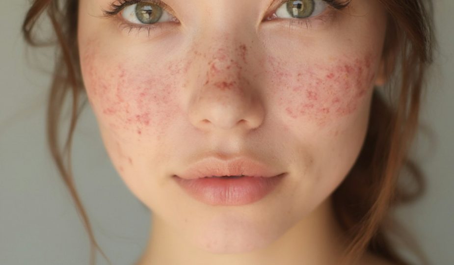 A young woman with freckles on her face